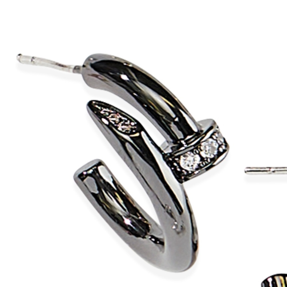 NWT 💥 DESIGNER INSPIRED CREST NAIL SMALL HOOPS HEMATITE WITH CRYSTALS EARRINGS - Picture 3 of 10